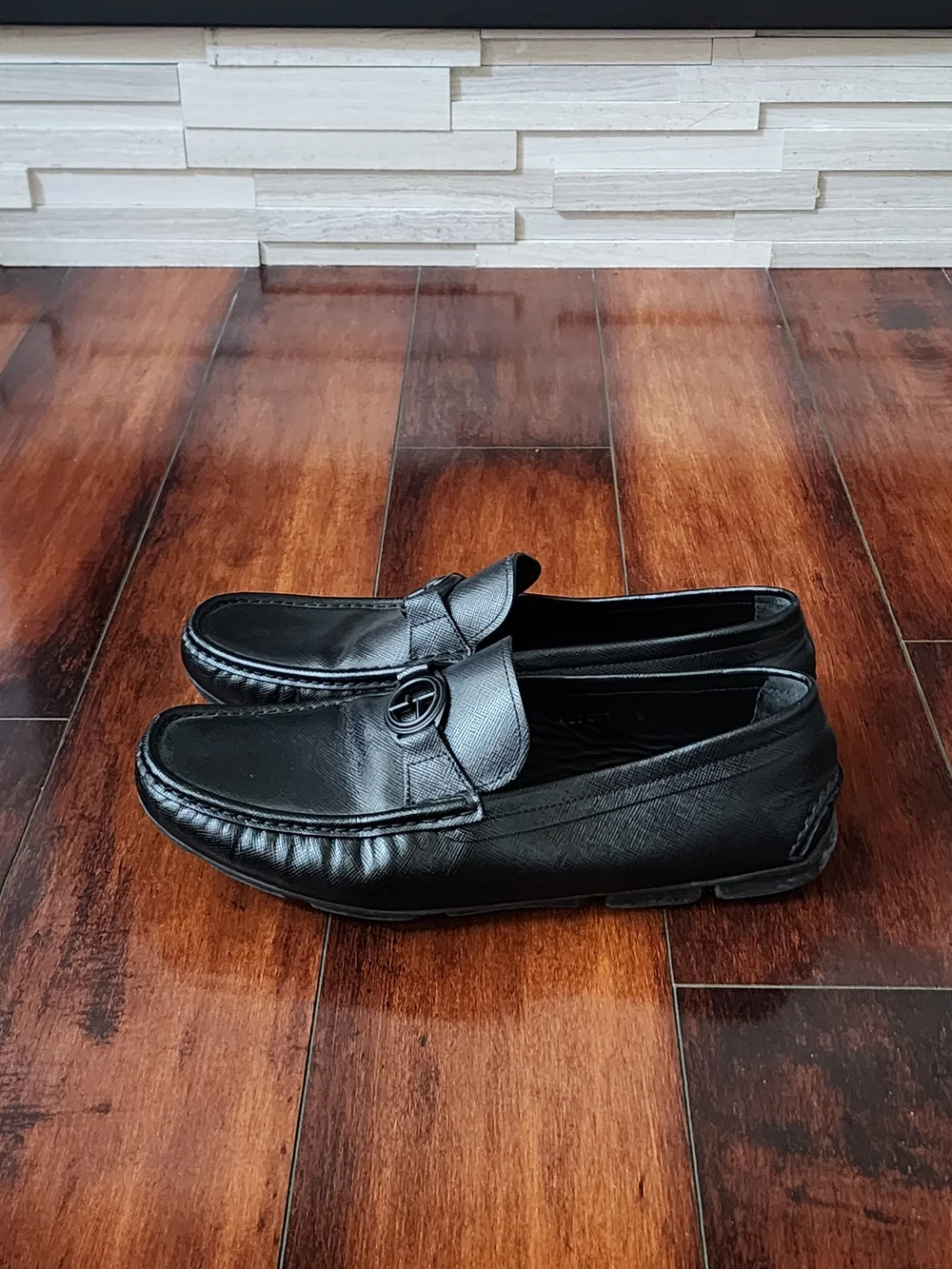 Giorgio Armani Black Leather Logo Driver Loafers Men's Size 8